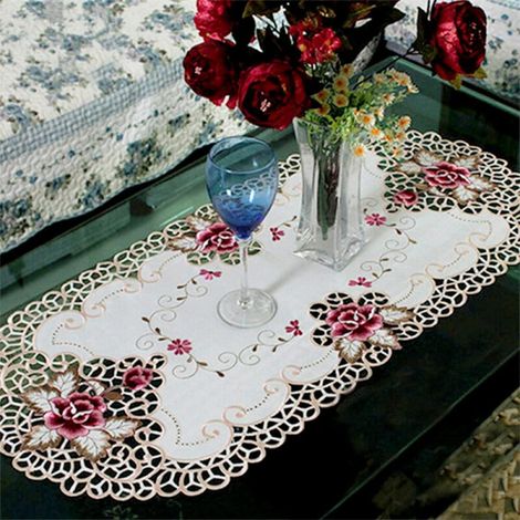 Nappe ovale avec broderie florale, 40x85 cm, Blanc, lavable