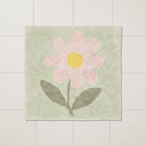 HOMESCAPES Duschvorleger Blume 50 x 50 cm – Badematte aus 100 % Baumwolle, grün-rosa (1/4)