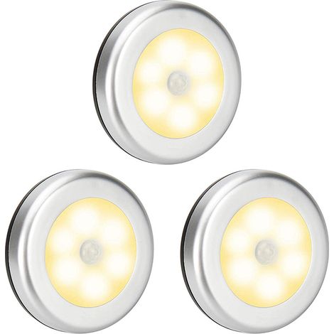 Lot de 3 lampes à détecteur de mouvement, veilleuses LED à piles, appliques murales pour couloir, salle de bain, chambre, cuisine, etc. (Couleur argent, lumière blanc chaud)