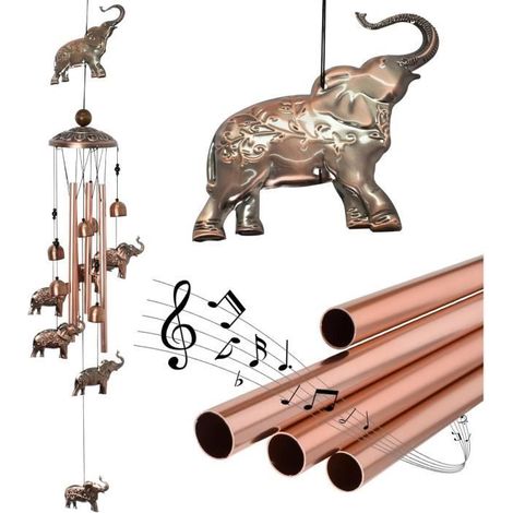 Carillon à Vent Éléphant - Retro-Stil aus Metall - 95 cm - Braun - Außendekoration