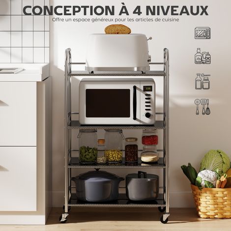 Desserte Cuisine Acier Inoxydable 201 4 Niveaux Réglables 60x35x100cm Argenté avec Roues Frein et Poignées Ergonomiques (1/5)