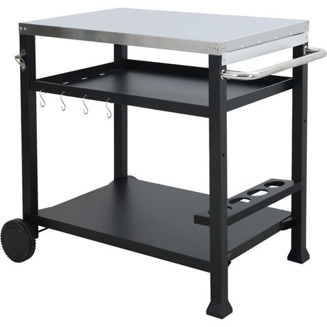 Desserte à Plancha et Barbecue Roulante d'Extérieur en Acier - 2 roues + Poignée + Accessoires - 101 x 64 cm - Livraison gratuite