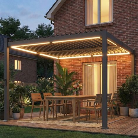 Pergola bioclimatique 3x3m avec lumières LED solaires, pergola à lames orientables, gouttières, noir (1/5)