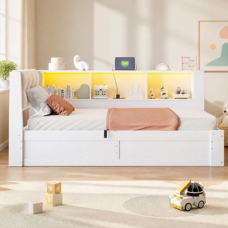 DESMIU Lit Banquette 90 × 200 cm 1 place avec rangement hydraulique, USB, étagère et LED, sans matelas, blanc (1/5)