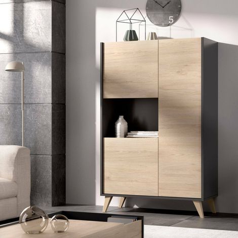 Dmora - Buffet Damraba, Buffet haut de salon, Buffet moderne de salon avec 3 portes, 81x43h135 cm, Chêne et Anthracite