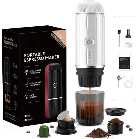 Machine à expresso électrique portable, système d'extraction auto-chauffant 2 en 1, machine à café expresso Crema, supporte le café moulu et la capsule NS, ME2218 (blanc) (1/5)