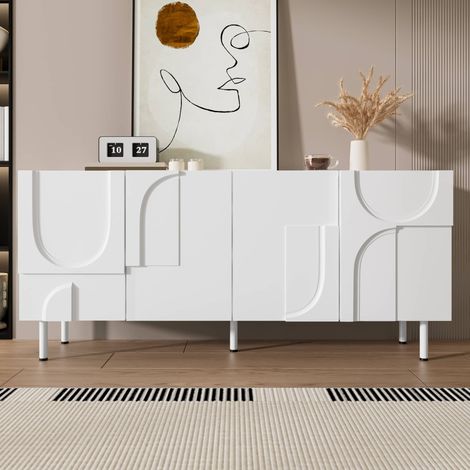 Buffet 160 x 38,5 x 70 cm, enfilade 4 portes à reliefs géométriques avec étagères, en MDF, pieds en métal, salon, blanc (1/5)