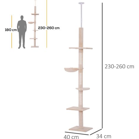 Arbre à chat de plafond à plusieurs niveaux avec hamac et hauteur réglable. 40 x 34 x 230-260 cm. beige (1/5)