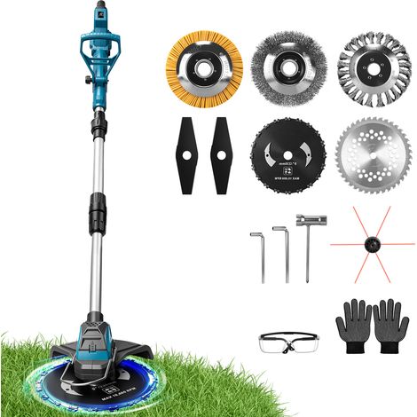 1200W 16800 tr/min Débroussailleuse Électrique Sans Balais Bloc Aluminium Refroidissant Réglage 90° Longueur 100‑140 cm Compatible Makita 21V(Sans Batterie) Coupe Bordure Sans Fil 7 Lames jusqu’à 250 