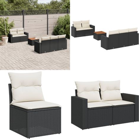 Salon de jardin 6 pcs avec coussins noir résine tressée - Ensemble Salon De Jardin - Mobilier De Jardin - Salon Extérieur - Set De Jardin - Chaise Lounge - Home & Living (1/5)