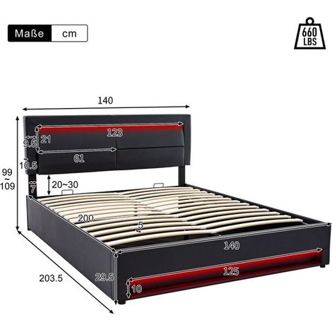 Lit double 140x200 cm en pu avec USB et éclairage LED,lit coffre avec espace de stockage et sommier à lattes pour enfant/adulte,noir (1/5)