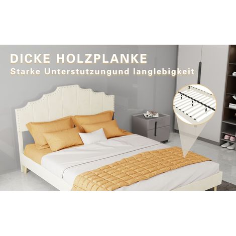 Lit beige 140 x 200 cm avec cadre bas rembourré, tête de lit douce et matelas inclus pour chambre et suite parentale (1/5)