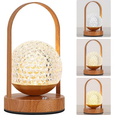 Lampe de table en cristal avec base en bois : lampe portable d'extérieur, lampe de chevet tactile à intensité variable (1/5)