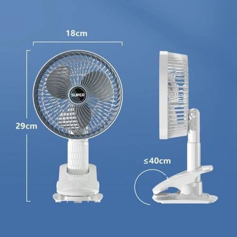 Ventilateur Portable - Sans Fil - USB Rechargeable - 3 Vitesses - Clip Fixation - Blanc Gris - 1 Pièce
