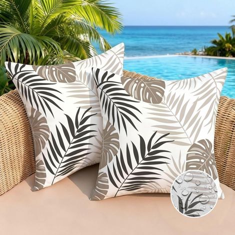 Housse de Coussin Extérieur Imperméable 50x50 Beige Housse Coussin Oreiller Decoratif Canape Feuilles Tropicales Taies d'oreiller Printemps Été Decoration pour Jardin Patio Salon Lot de 2 (1/5)