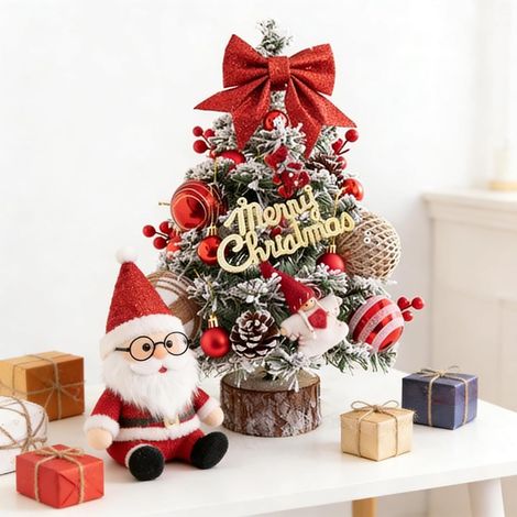 45cm Mini Sapins de Noël Lumineux, Sapin Artificiel Réaliste avec Nœuds, Boules de Noël et Pommes de Pin, Mini Bureau Décoration Arbre, Décoration de Noël Rouge (1/5)