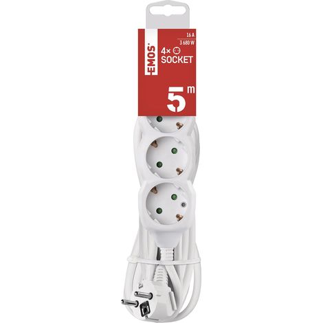 EMOS - Ciabatta a 4 prese 5 m - 4 prese Schuko ruotate di 45° - 250 V, 16 A, 3680 W - isolamento in PVC di alta qualità - H05VV-F3G 1,5 mm2 - protezione avanzata contro il contatto accidentale - IP20 (1/5)