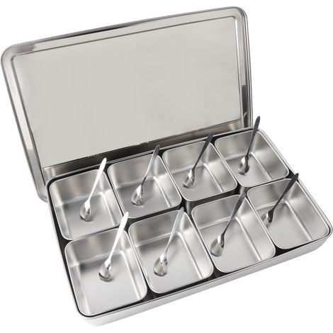 Gewürzbox aus Edelstahl mit 3 Fächern, Deckel und Löffeln, Aufbewahrung für Gewürze (1/5)