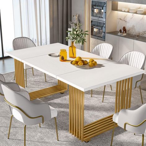 Esstisch 180x80 cm für 8 Personen, Weiß Gold, Rechteckig, Kratzfest (1/5)