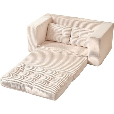 ELVMI Zweisitzer Schlafsofa mit Schlaffunktion und Kissen aus Cord Beige (1/4)