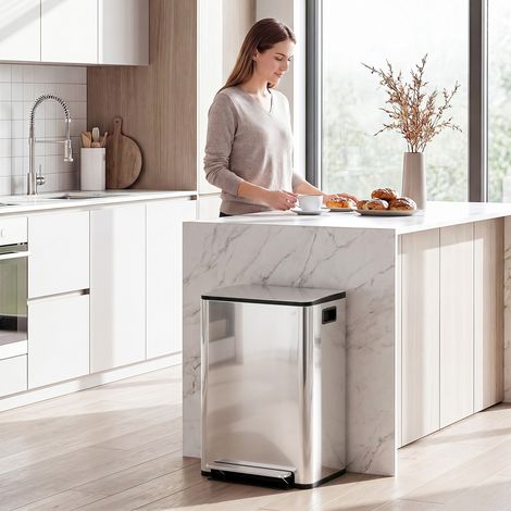 Poubelle de cuisine 2 compartiments de 2 x 30L. avec pédale. en acier inoxydable. couvercle à fermeture douce
