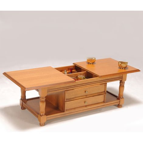 Le Quai Des Affaires – Table basse fixe chêne massif – Dimensions 120x60x47 cm – Plateaux coulissants avec faux tiroirs – Finition chêne rustique (1/2)