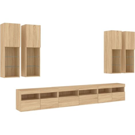 Conjunto de muebles mueble aparador TV televisión salón dormitorio salón pared x 7 piezas y luces LED roble sonoma marrón 020025375 (1/5)