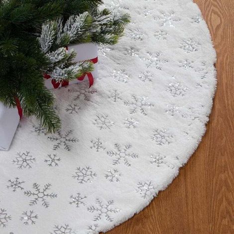 122cm Jupe de Sapin de Noël, Tapis Sapin Noël Blanc Rond, Douce Tapis de Sapin de Noel avec Argent Flocons de Neige, Décorations d'arbre de Noël Tapis, (1/4)