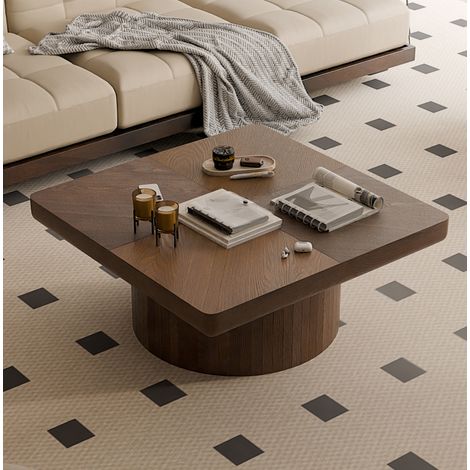 Couchtisch 78x78 cm Nussbaum aus Massivholz und MDF mit Parkettplatte und zylindrischem Sockel (1/5)