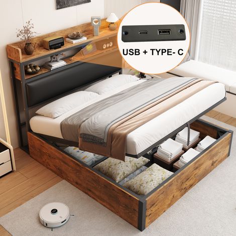 Letto Contenitore 140x200 cm con Rete Rialzabile Idraulica e Testiera Imbottita (1/5)