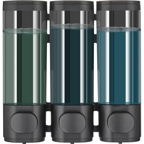 Distributeur de shampoing et d'après-shampoing, distributeur de gel douche à trois compartiments, installation sans perçage, noir. (1/5)