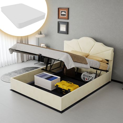 Lit moderne minimaliste moelleux, tête douce, 140 x 200 cm, beige, meuble chambre multifonction, lit coffre haut, matelas inclus (1/5)
