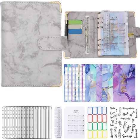 Carnet budget A6 en cuir PU, classeur à anneaux pour économiser de l'argent, motif marbre gris, protection des coins, dossier de budget (1/5)