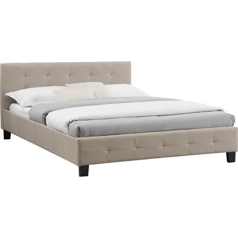 Idimex – Lit double beige 140x190 cm avec sommier à lattes – Tête de lit capitonnée – 4 pieds robustes – Style contemporain
