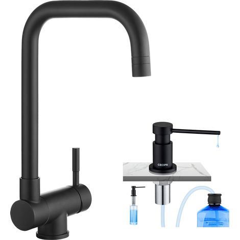 Cecipa Grifo de Cocina Plegable, Mezclador de Fregadero Plegable como Bajo Ventana, Negro + Dispensador de Jabón de Cocina con Contenedor de 300 ML Negro (1/5)
