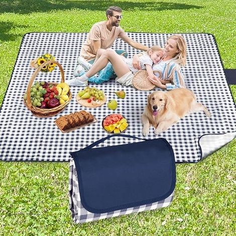 Manta de picnic de 300x200 cm - Impermeable y resistente a la arena - Cuadros azules (1/5)