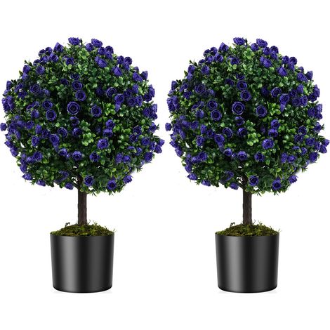 COSTWAY Set di 2 Alberi di Topiario Artificiale con Rose Viola, Albero di Bosso Finto da 55 cm con Vaso Riempito di Cemento, Pianta Finta Resistente al Sole per Interni ed Esterni (1/5)
