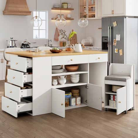 Isola cucina 140x40x89 cm in MDF e metallo bianco, 6 cassetti, contenitore – MEUBLIV (1/5)