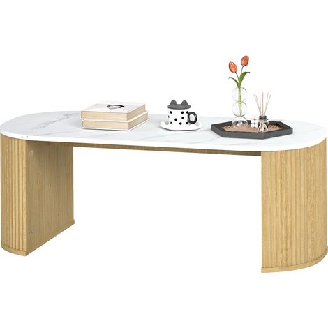 Ovaler Couchtisch aus weißem Marmor, 110 x 50 x 40 cm, abgerundeter Beistelltisch mit breiten Beinen (1/5)