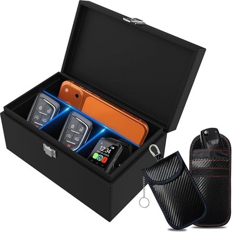 Boîte Clé Voiture Ensemble avec Etui, Keyless Go Boîte Protection, Boîte Antivol Faraday, Bloque Signal RFID Boîte, Boitier Anti Ondes Clé Voiture (Grand) (1/5)
