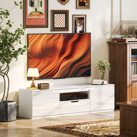 Mueble TV lowboard, 160x38x43 cm, para televisores hasta 65 pulgadas, con 2 puertas, cajón, madera blanca (1/5)
