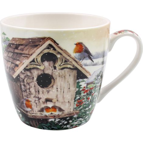 Porzellanbecher mit Rotkehlchenmotiv, ideal für Kaffee oder Tee, als Geschenk