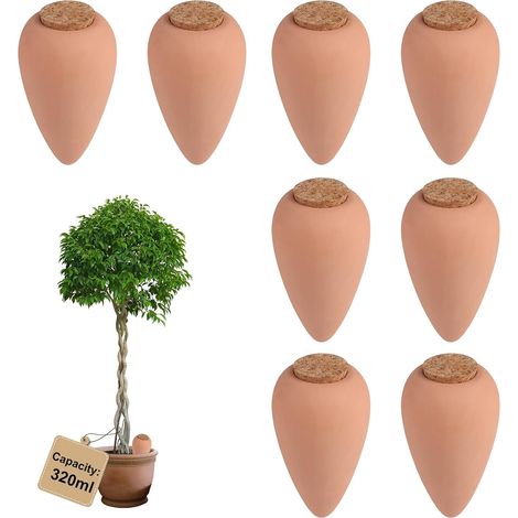 8 × 320ml Oyas Arrosage avec Liège, Arrosoir Terreau Plante Intérieur, Cône à Radis Olla pour Arrosage Automatique des Fleurs, Distributeur Eau Plante, pour Jardin, Potager, Pot en Terre Cuite (1/5)