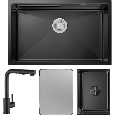 Cecipa Lavello Cucina 1 Vasca Antracite con Gocciolatoio e Vasca Lavello Incasso 70×44×21CM + Miscelatore Cucina con Doccetta Estraibile Nero (1/5)