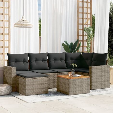 Canapé Jardin Gris Résine Tressée 9 Pièces Table Acacia et Coussins Modulables (1/3)