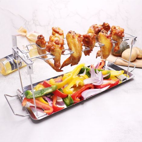 Grille de cuisson pliable en acier inoxydable, pour cuisses de poulet, barbecue et plateau de cuisson, compatible barbecue extérieur portable, dimensions 43,5 x 14,4 x 15 cm