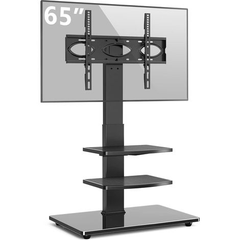 Support TV Pied Meuble TV Verre Trempé Pivotant pour TVs et Ecrans de 32 à 70 Pouces LCD LED avec 3 Etagères Hauteur Réglable Supporter 50kgs VESA Max 400 x 400 mm (1/5)
