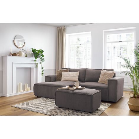BOBOCHIC - Canapé d'angle fixe compact NIHAD velours côtelé avec pouf Angle gauche Taupe (1/5)