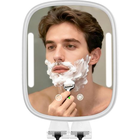 Miroir de douche chauffant anti-buée pour hommes, miroir de rasage rechargeable anti-buée sans perçage - éclairage réglable avec 2 supports pour rasoirs et crochet adhésif amovible, étanche pour salle (1/5)