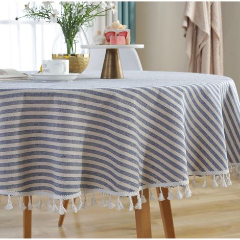 MINKUROW Tovaglia In Lino Di Cotone A Righe Con Frangia Strisce Blu, Tovaglia Da Picnic Sfondo Decorativo Copertura Moderna, Diametro Tovaglia 120 Cm (1/4)